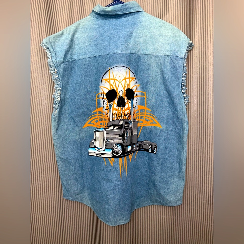 Denim Vest with Skull and Truck Graphic